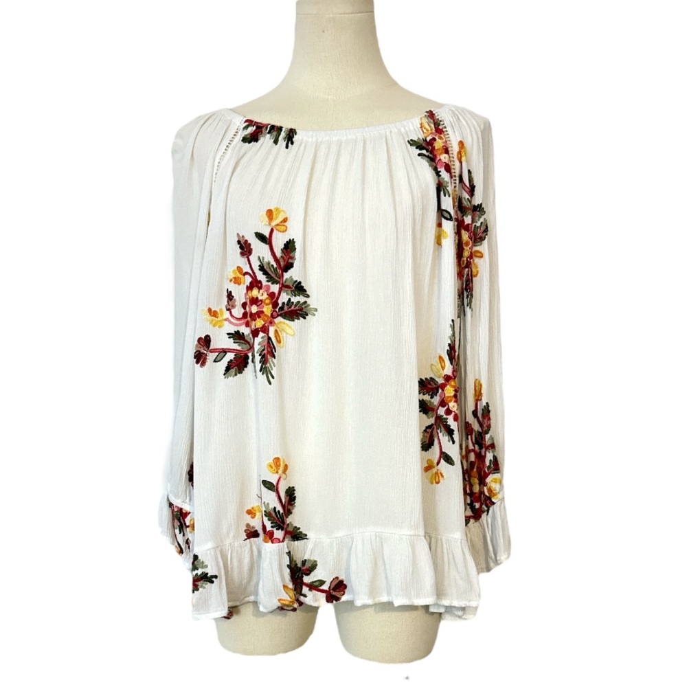 Liv Los Angeles White‎ Embroidered Crochet Peasant Blouse Boho Top size XL (D56)